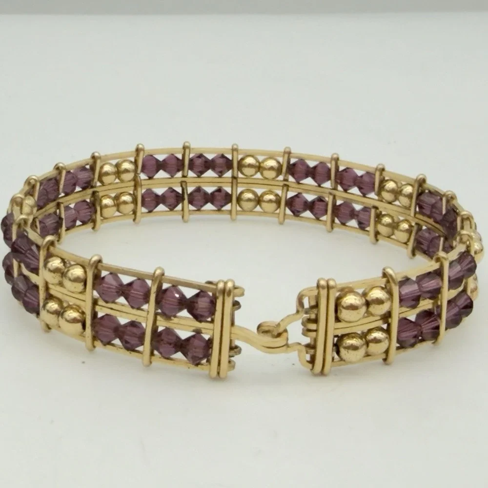 Vintage Rolled Gold Wire Wrapped Bracelet Purple Crystal Faux Pearl Beaded Read